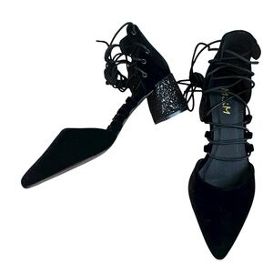 Mi.iM Black Velvet Block Glitter Heel Strappy Lace Up Shoes Pointed Toe Size 8.5